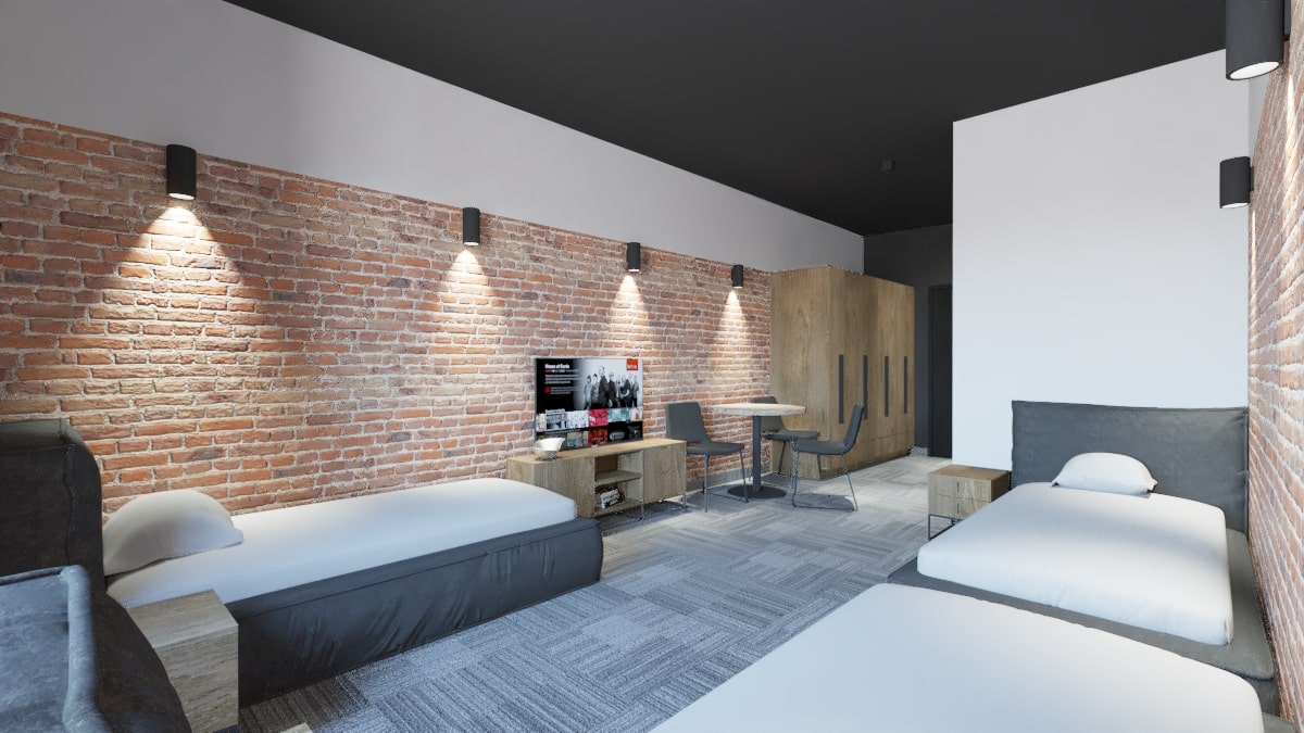 Apartament hotelowy z ciepłym światłem i naturalnymi materiałami