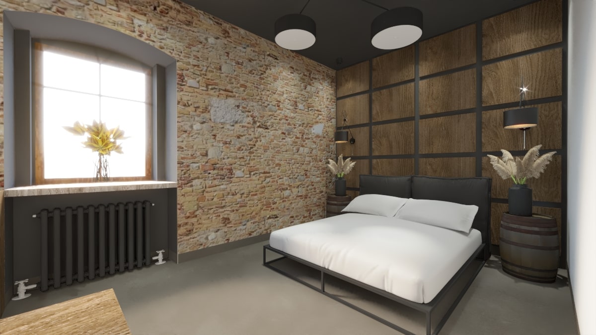 Detal wnętrza hotelowego z cegłą i drewnem