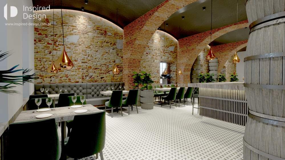 Loftowe wnętrze restauracyjne z miękkim światłem